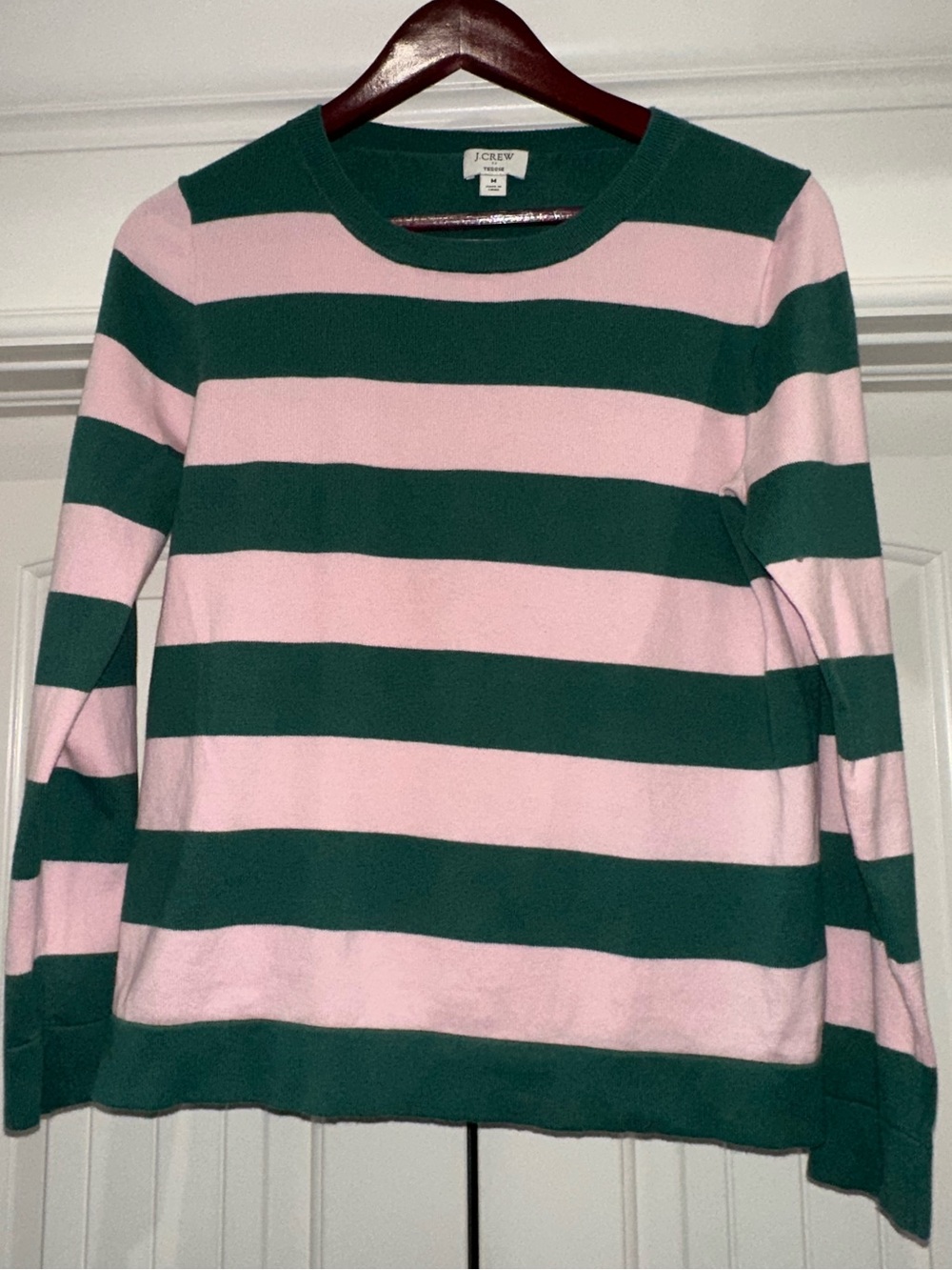 J.Crew Teddie Sweater Medium Pink Green Stripe 100% Cotton Crewneck